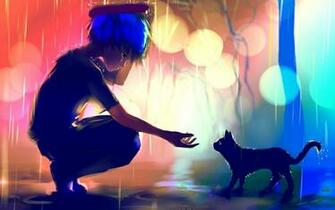 Manga Anime Wallpaper Drawing Art Boy Cat Rain Friend Bokeh