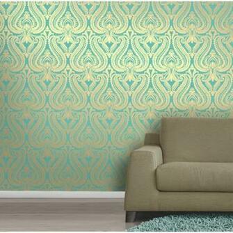Wallpaper Shimmer Damask Metallic Designer Rich Teal Gold