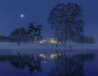 Wallpaper Sweden Nature Winter Moon Snow Night River Trees Building