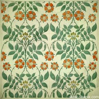 Design For Wallpaper Featuring Stylized Roses Rosehips And Leaves