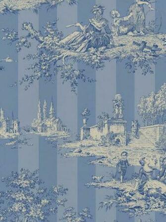 Toile Blue And White Wallpaper Floral Stripe