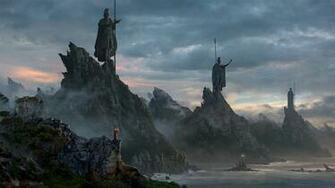 Wallpaper Rocks Statues Coast Gloom