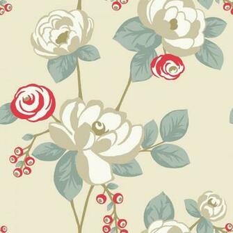 Funky Stylised Floral In A Soft Teal And Red On Cream Ground With