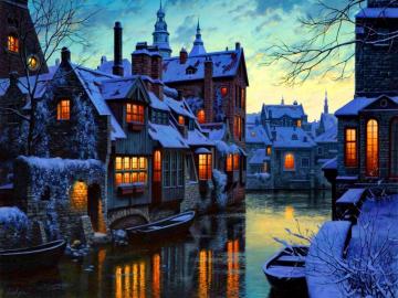 City Lights Dusk River Winter Wallpaper