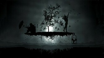 Silhouette Woman Flock Bird Cages Umbrellas Light Rays Wallpaper