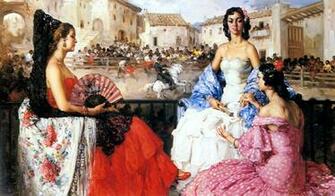Watching A Bull Fight Spanish Art Wallpaper Image