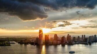 New York Horizon Reflection Sky Sunset Buildings Skyscraper Wallpaper