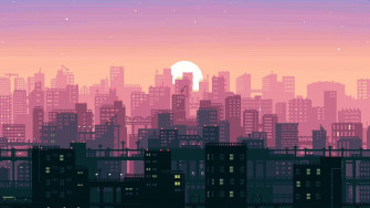 Live Aesthetic Sunrise Cityscape Pixel Art Wallpaper