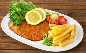Image French Fries Lemons Food Plate Vegetables Meat