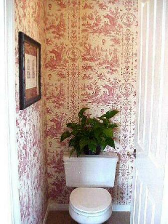 Commode Closet Is Elegant With Red And White Toile Walls