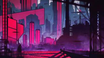 Red And Black Illustration City Buildings Artwork