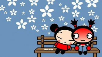 Wallpaper Pucca Y Garu Con Flores En Fondo Azul