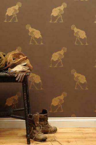 Beware The Moon Ostrich Wallpaper Large Gold Leaf On Brownstone