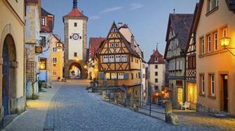 Wallpaper Rothenburg Germany Evening Street Lights Houses