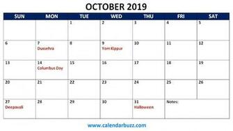 October Holidays Calendar Printable