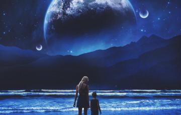 Wallpaper Sea Beach Girl Space Mountains Night Fiction Mood