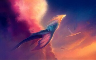 Wallpaper Art Neo Clouds Light Sun Flying Dragons