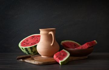 Wallpaper Pitcher Watermelons Food Cutting Board Gray Background