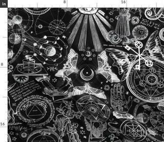 Occult Black White Planchette Moth Moon Witch Fabric Printed By