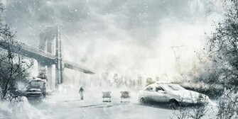 Car City Snow Man Winter Art Police Storm Bridge Wallpaper Background
