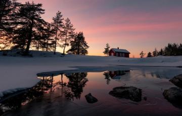 Wallpaper Winter The Sky Snow Trees Sunset Lake House