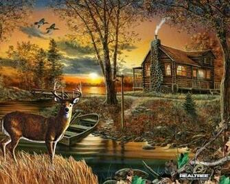 Realtree Cabin Deer Ducks Lake Canoe Fleece Fabric Panel P1430s