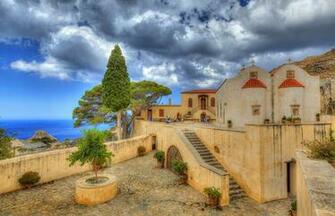 Wallpaper Greece Crete Moni Prevali HDri Trees Cities Clouds Houses
