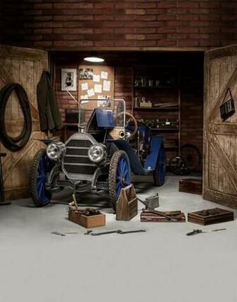 Vintage Garage Photography Backdrop Printed Blue Car Wooden Door