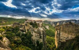 Wallpaper Kalambaka Greece Trees Mountains Houses Height