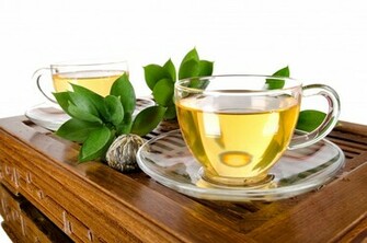 Green Tea Drink Cups Leaves Table White Background Wallpaper