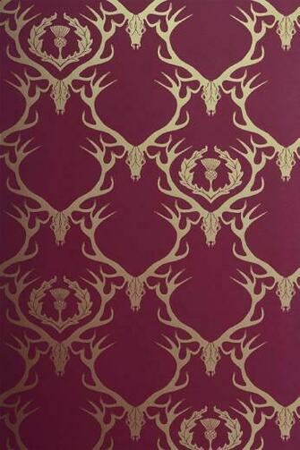 Deer Damask Wallpaper Deep Raspberry Red With Gold Stag Head