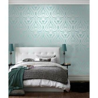 Love Wallpaper Shimmer Damask Metallic Feature Teal Silver
