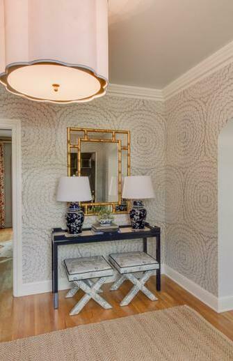 Blue And White Foyer With Clarence House Tibet Fabric X Benches