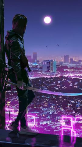 Sci Fi City Neon Lights Ninja Katana 4k Phone HD