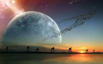 Planet Stars Asteroids Bridge Alien Landscape Wallpaper