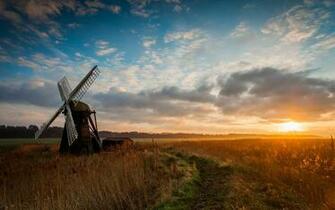 Windmill Morning Sunrise HD Wallpaper