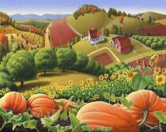 Farm Landscape Autumn Rural Country Pumpkins Folk Art Appalachian