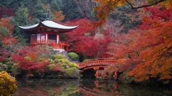 Red Trees Leaves House Water Nature HD Wallpaper