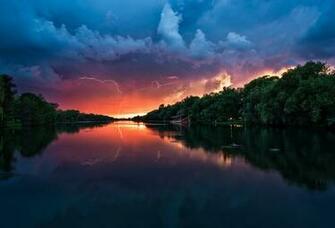 Wallpaper Water River Sunset Thunderstorm Lightning Desktop