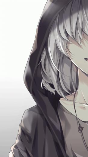 Anime Boy White Hair Hoodie Smiling Necklace Gray Guy