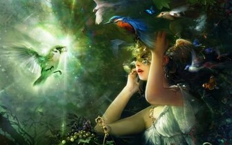 Forest Fairy Surrounded By Birds Wallpaper