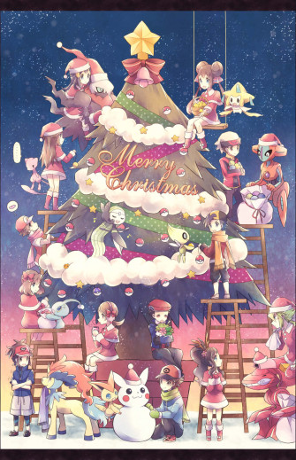Pok Mon And Trainers Decorating Christmas Tree Wallpaper