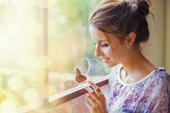 Girl Face Window Happy Woman Lady Smile Hand Butterfly