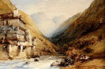 Figure Fishing In A Mountain Stream English Art Wallpaper Image