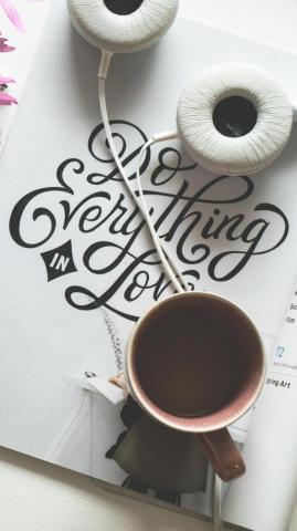 Cup Coffee Headphones Inscription Mobile Wallpaper Quote