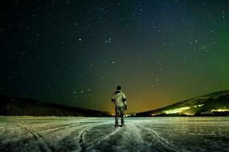Night Winter Sky Stars River Ice The Horizon Lights Man Mood
