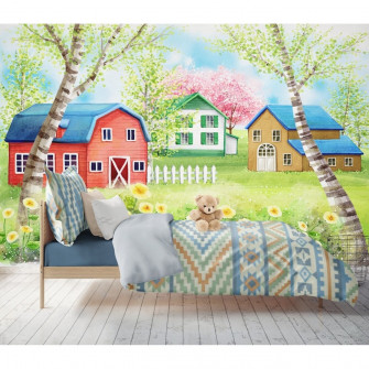 Kids Garden Colorful House Drawing Oil Painting Textile Wallpaper