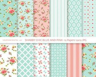 Shabby Chic Digital Paper Pack In Blue And Pink Background