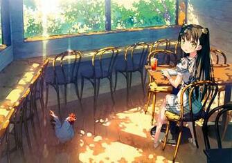 Nenme No Houkago Animal Bird Black Hair Book Drink Kantoku Long