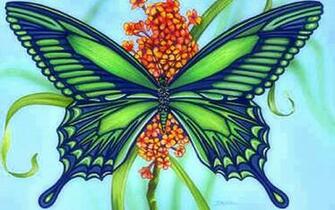 Flower Wallpaper Green Blue Butterfly Stock Photos